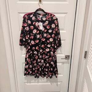 Love Fire Black Floral Dress 1X Plus Size Rayon Boho Cottagecore Mini Dress NWT